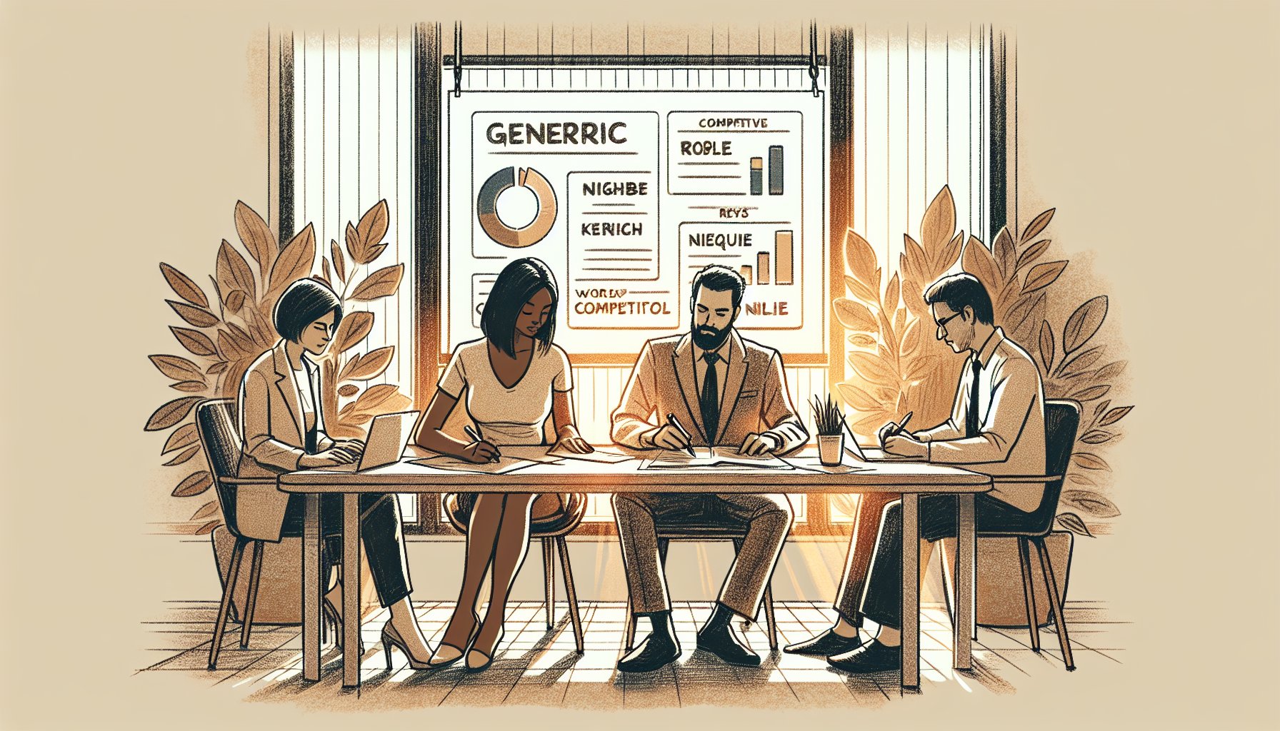 キーワード選定 やり方を話し合う二人、競合との広い狙いと差別化ニッチ案を机上で比較