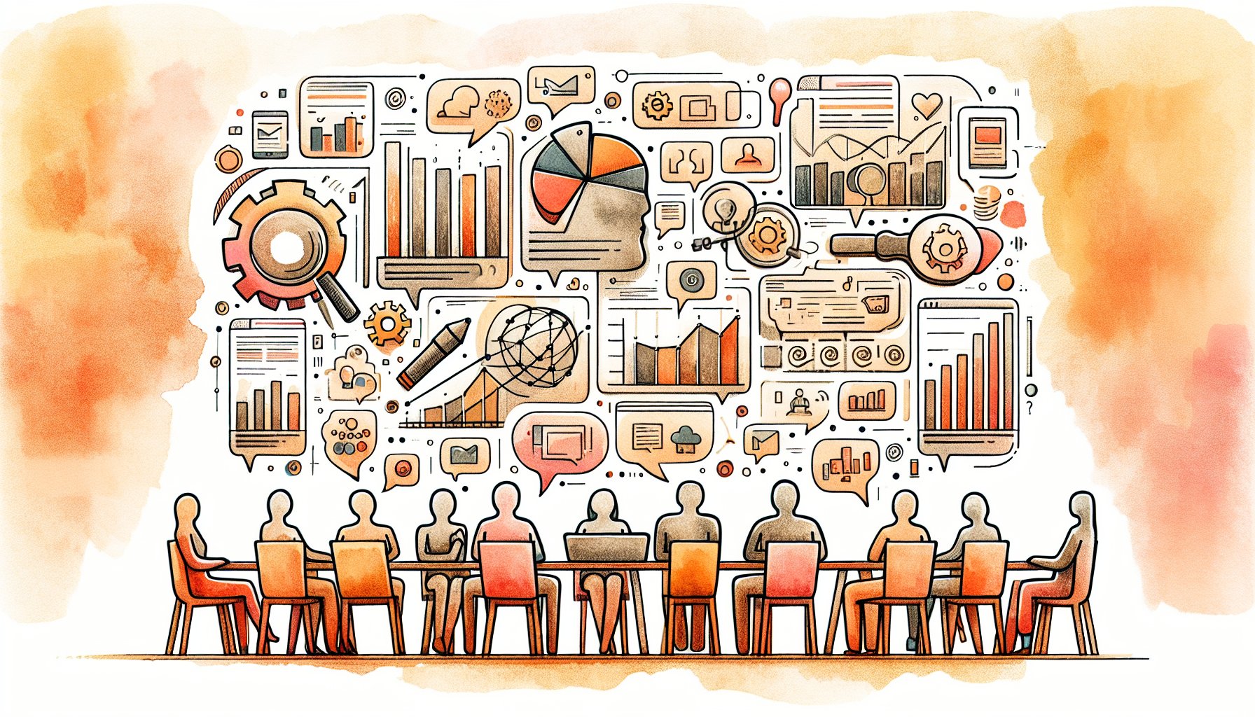 キーワードリサーチ ツールのデータ画面と多様な検索意図を持つ人々を対比したイラスト