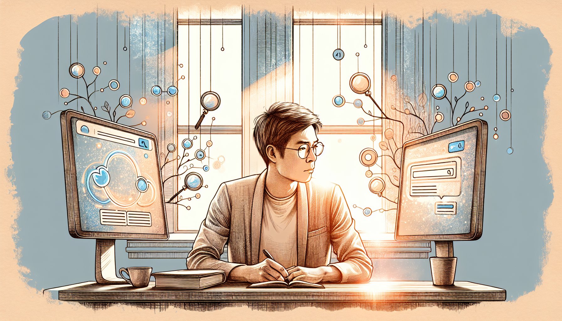 AI時代のキーワードリサーチ ツールを比較検討する静かな作業デスクシーン