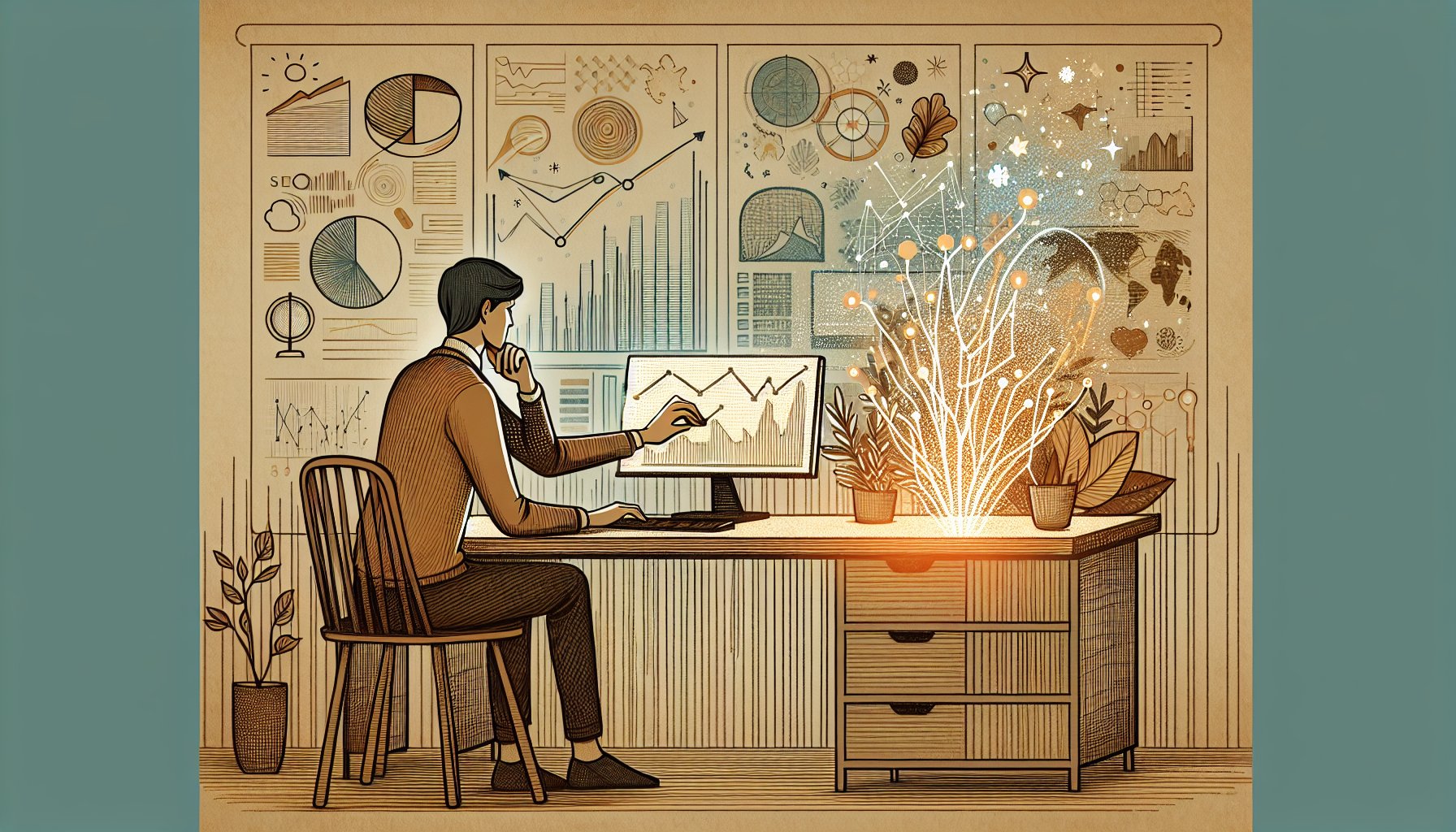 お宝キーワード 探し方を象徴し、数値データの先にある隠れた需要や未来トレンドを探る様子