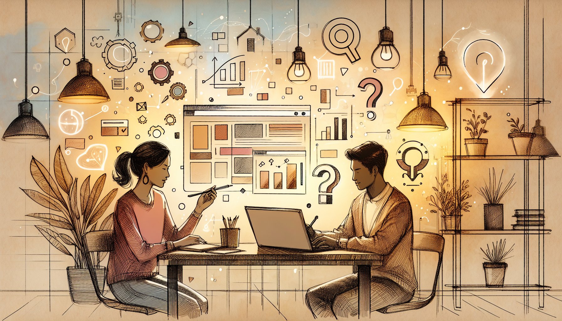 人とAIが協働してWordPress サイト診断の未来を考える様子を描いたイラスト