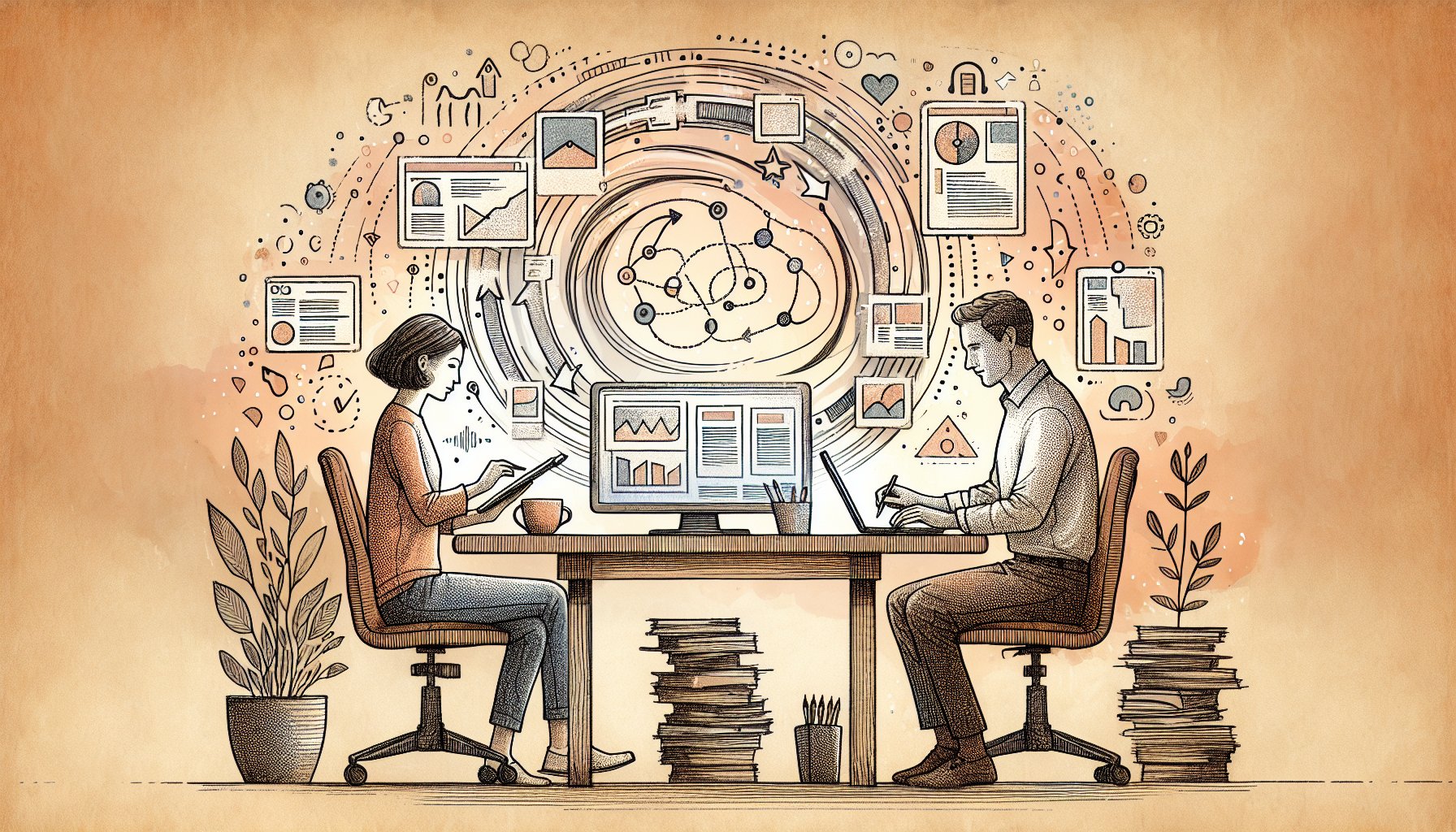 AI 記事 読了率 改善を象徴する、人とAIが協力し継続的に改善するまとめイラスト