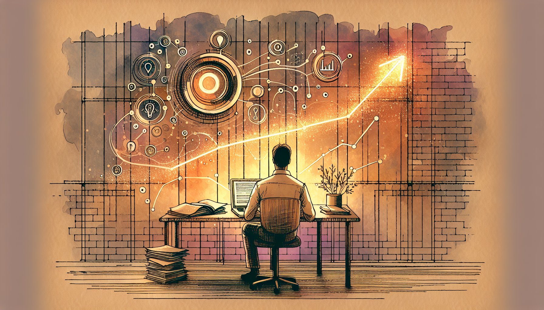 AIライティング成功事例とSEOの関係、穏やかな執筆環境と成長グラフを描いたイラスト