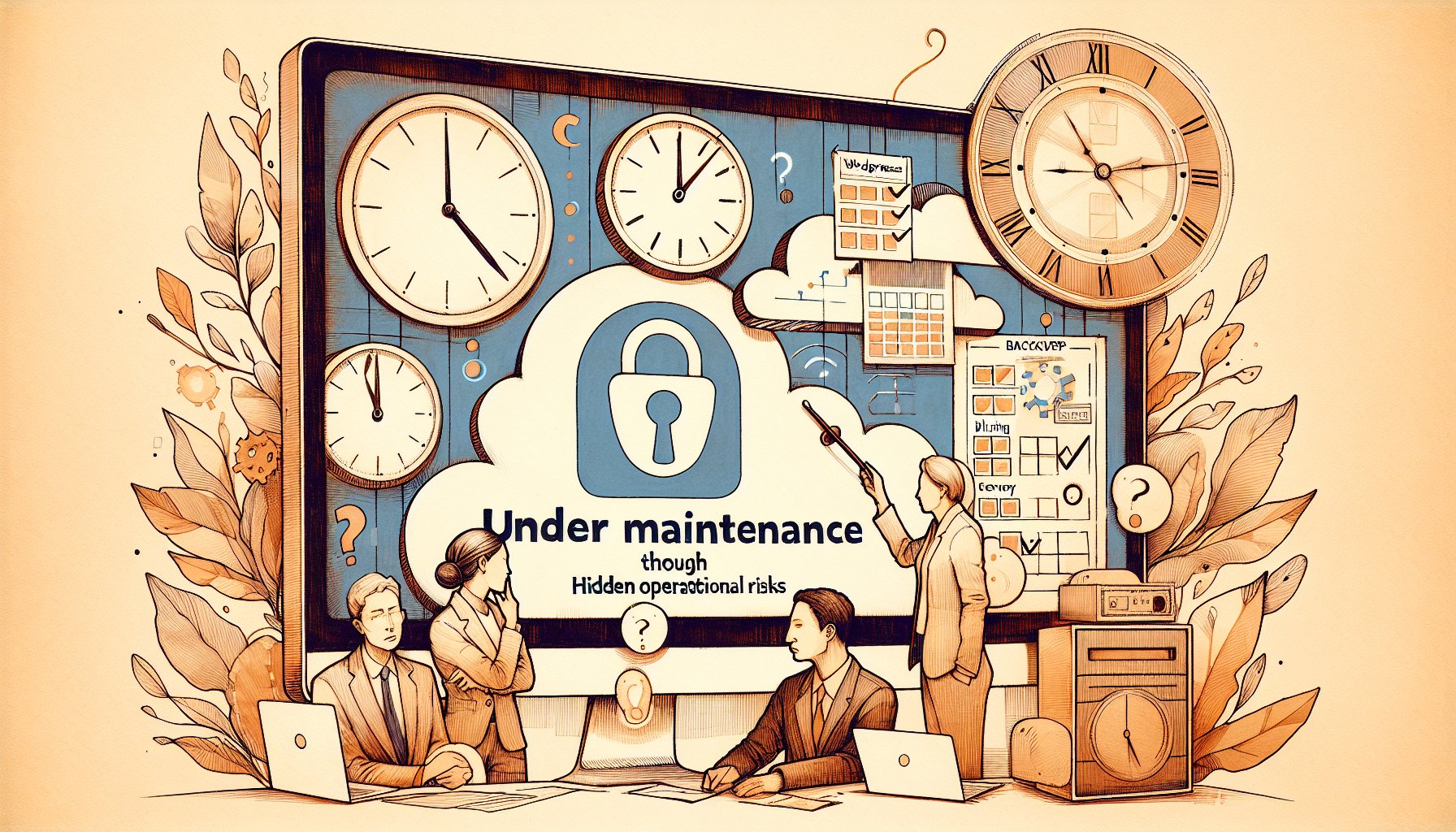 WordPress メンテナンスモードで停止した画面を前に、バックアップ計画とリスク対応を検討する人々