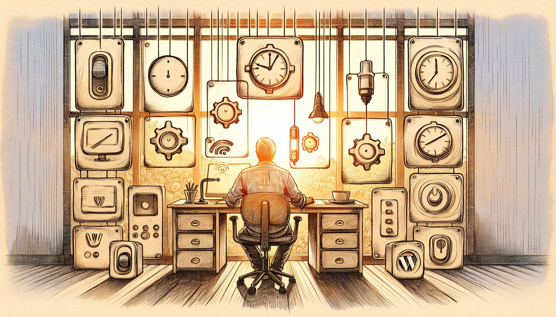 WordPress メンテナンスモードで自動化ツールと手動操作をバランス良く管理する様子