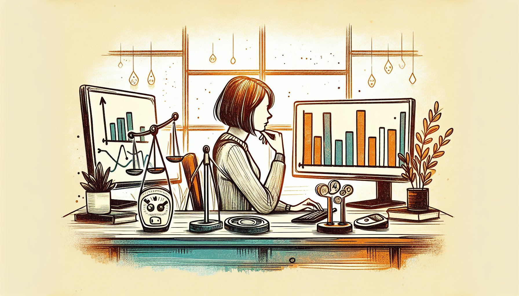 検索ボリューム 目安の捉え方、ツールの数値差と冷静な分析姿勢を象徴的に描いたイラスト