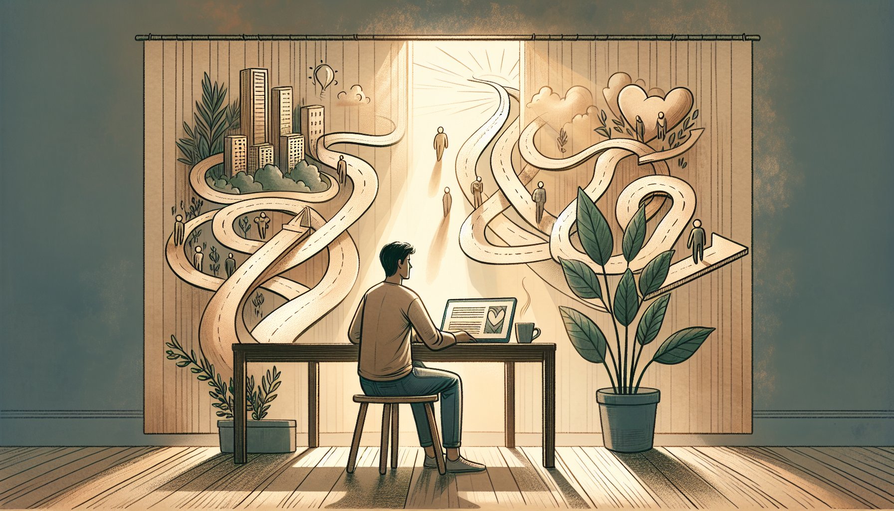 WordPress アフィリエイト 始め方を考える人が机でテーマ選定に悩む様子