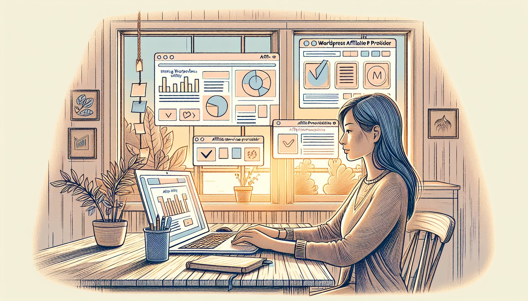 ASPを比較検討するブロガーのデスク周り、WordPress アフィリエイト 始め方のイメージ