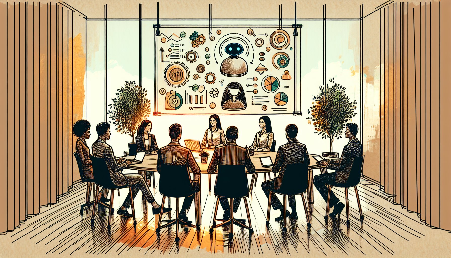 Claude 3 評判 特徴を検討するビジネスチームが会議室でAI活用を議論