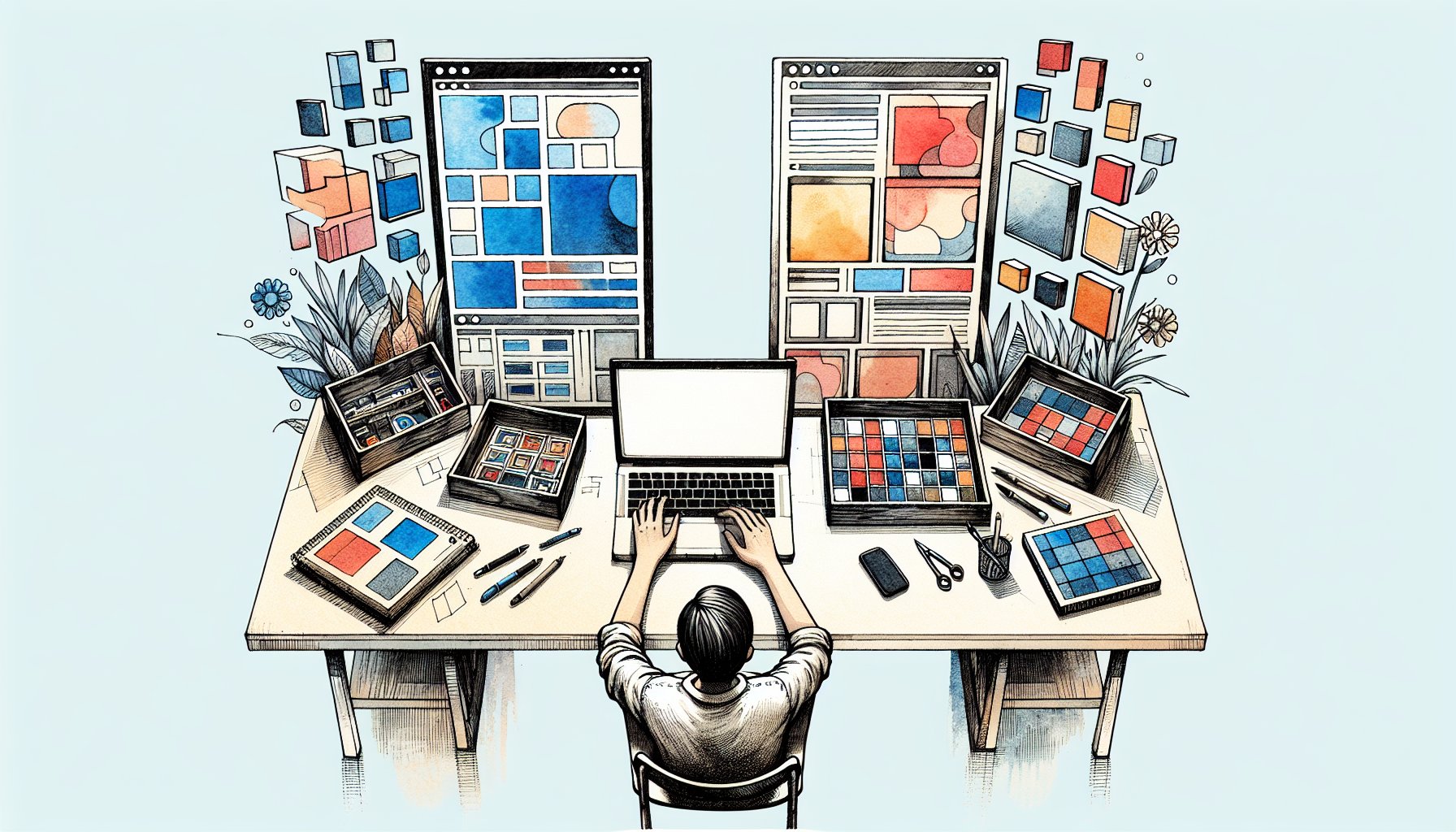 WordPress LP 作成 プラグインを比較検討するデスク上のノートPCと選択に迷う人物