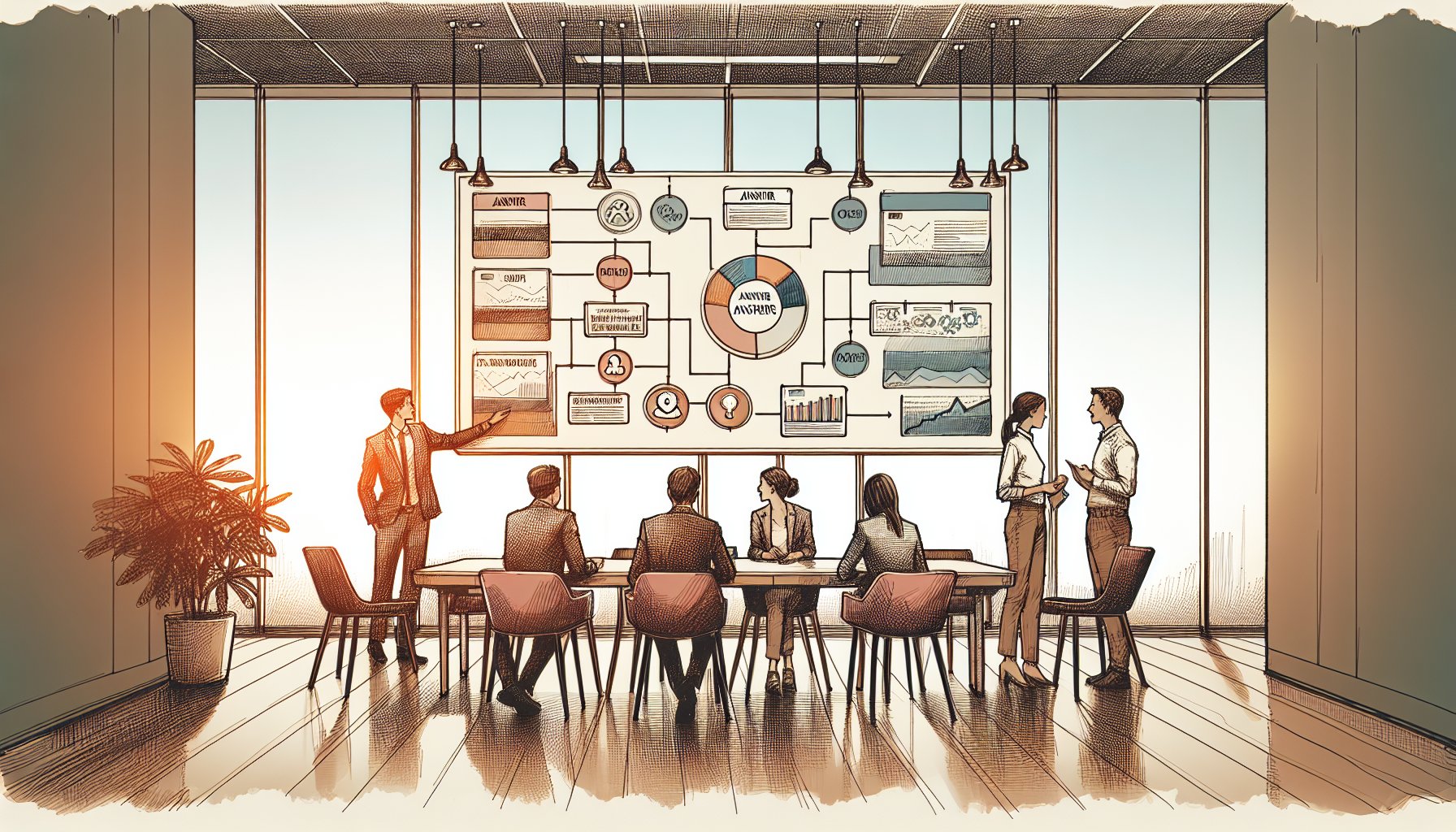 Perplexity AI 検索 活用で情報設計を議論するビジネス会議室のイラスト
