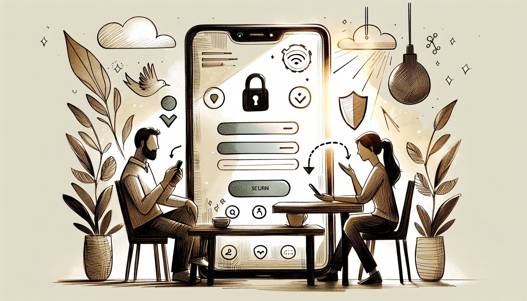 モバイル画面上のWP リード獲得 フォームを検討する二人の人物と穏やかなワークスペース