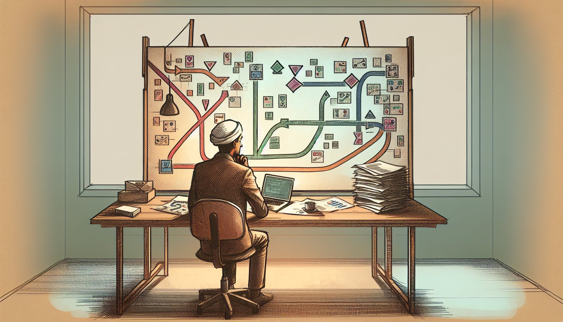 ミドルキーワード 狙い目を象徴する、広い道より中間の道を選ぶ戦略的なデスクワークイラスト