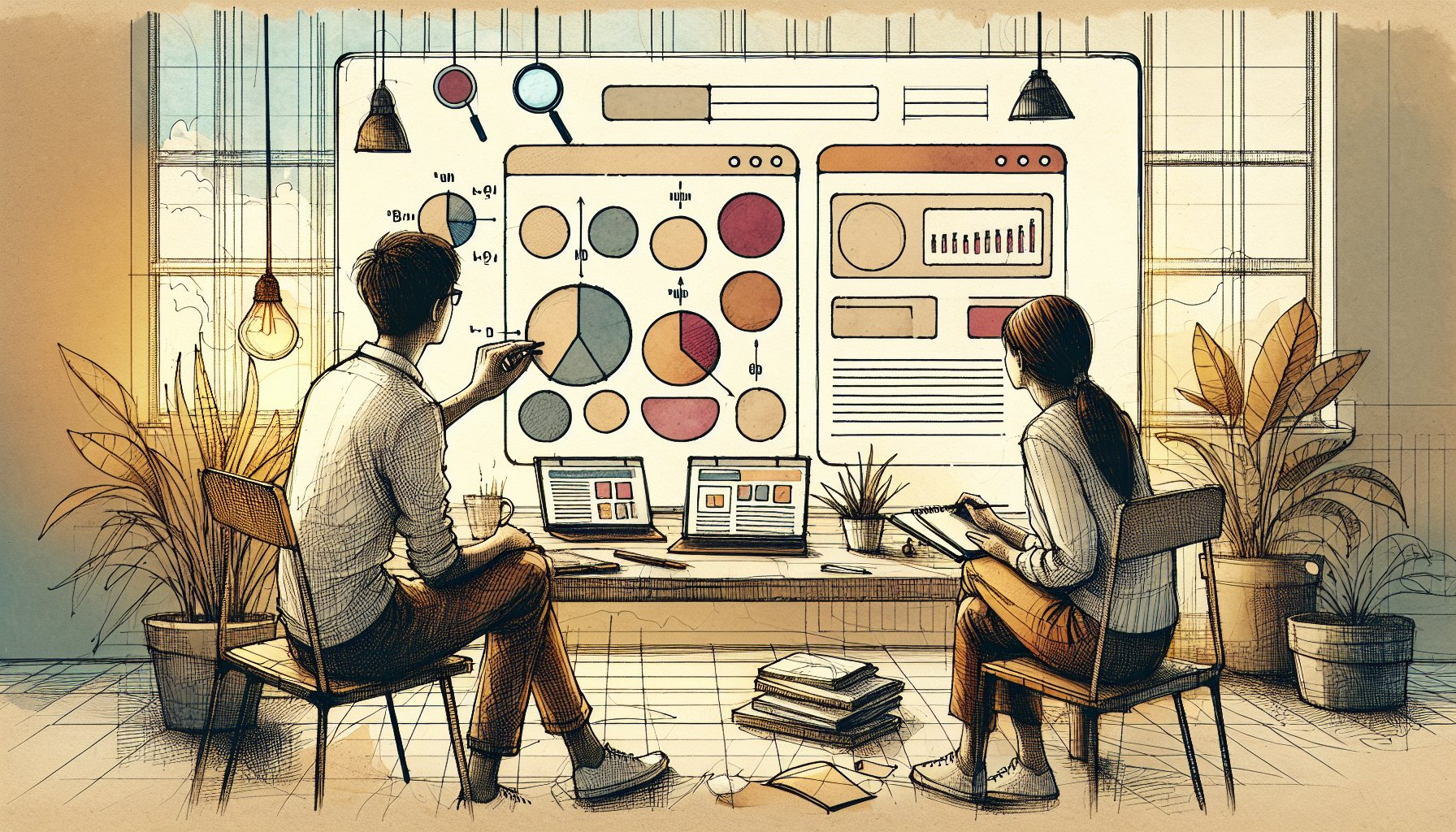 WordPress ABテスト やり方を考える穏やかなワークスペースで、2案のレイアウト比較と効果の違いを分析する様子