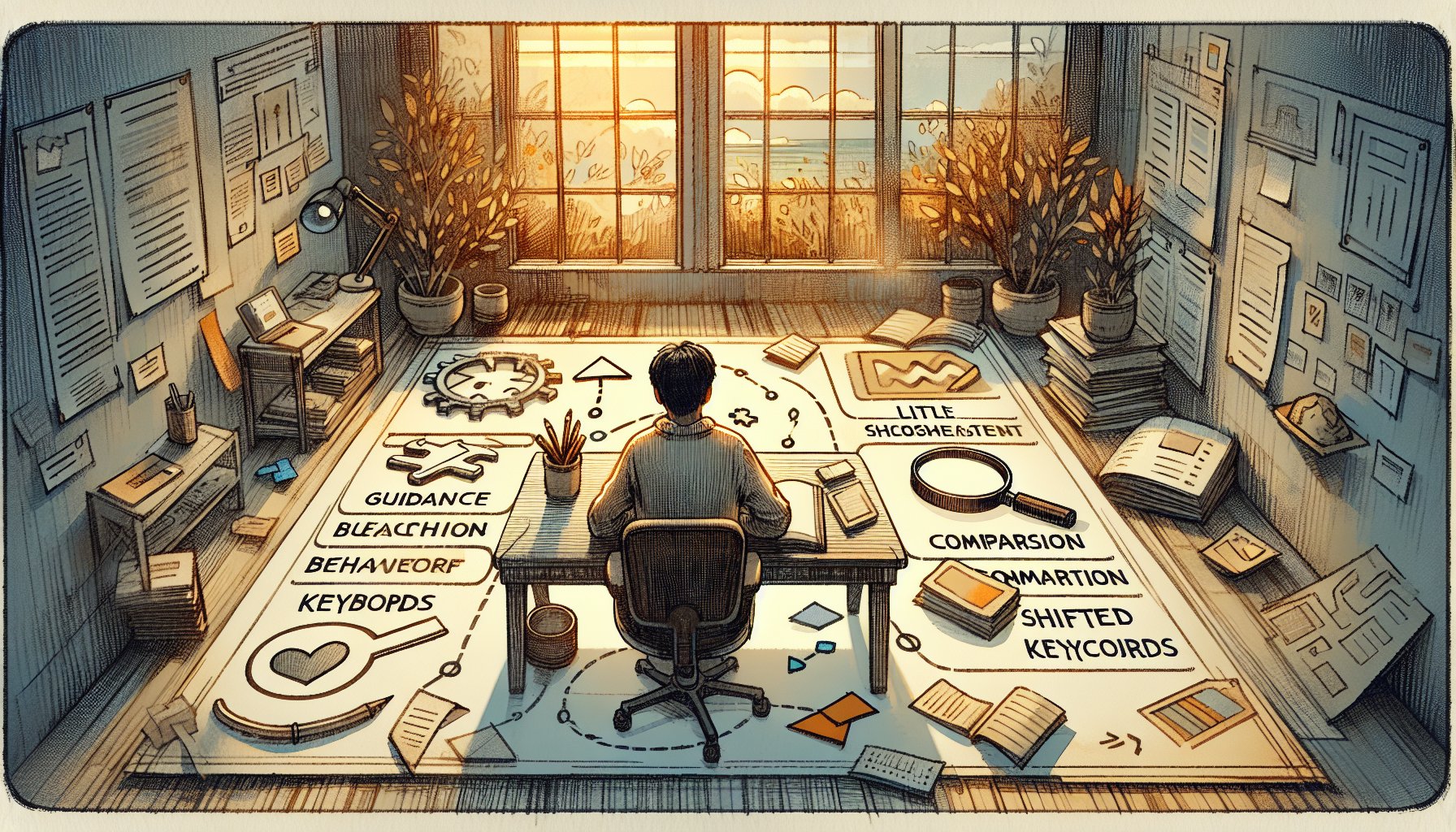 落ち着いたマーケターがユーザー行動を分析し、ズラしキーワード 見つけ方を整理する姿