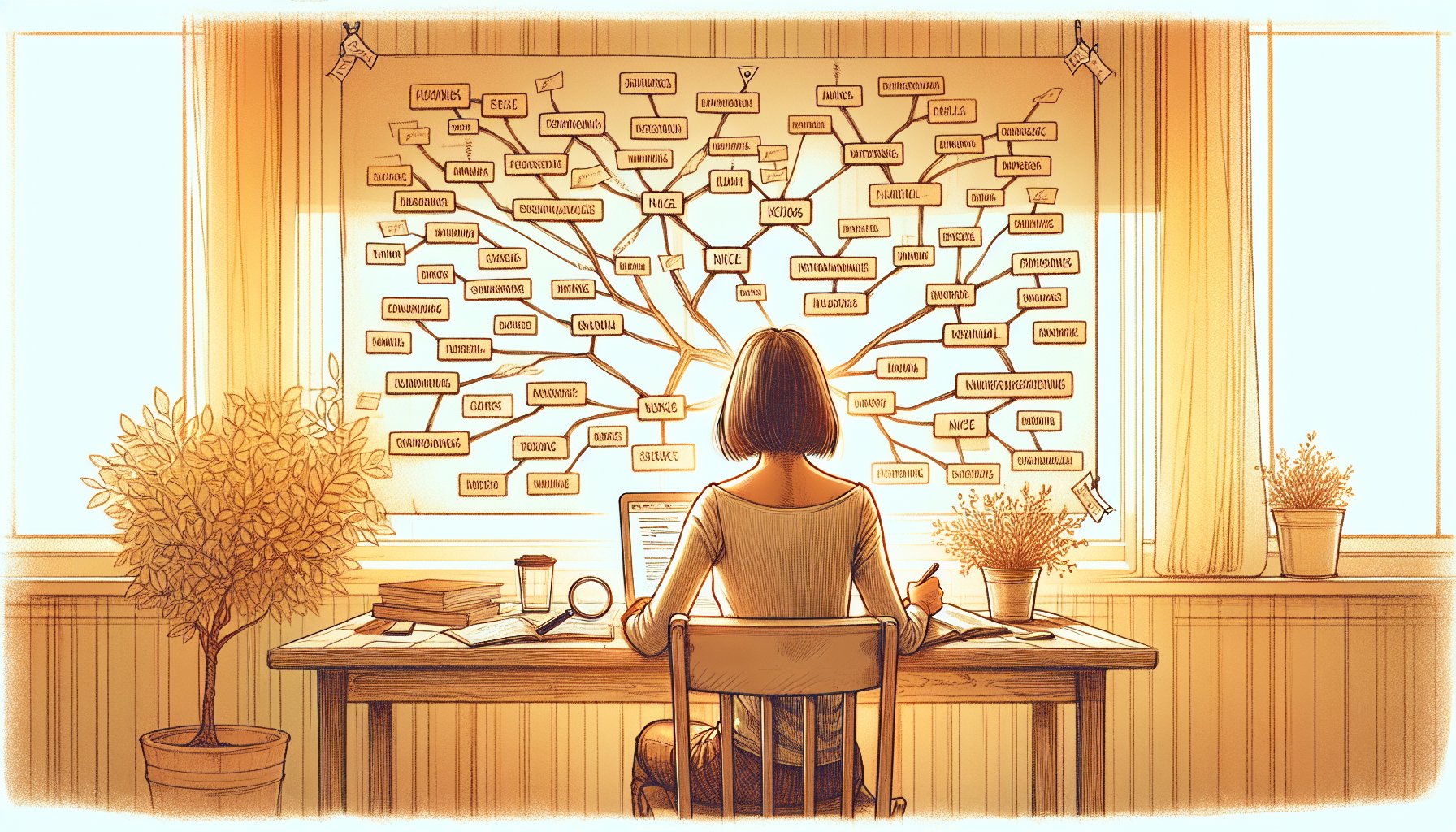 ニッチキーワード 攻め方を整理するため、机でマインドマップを分析する様子