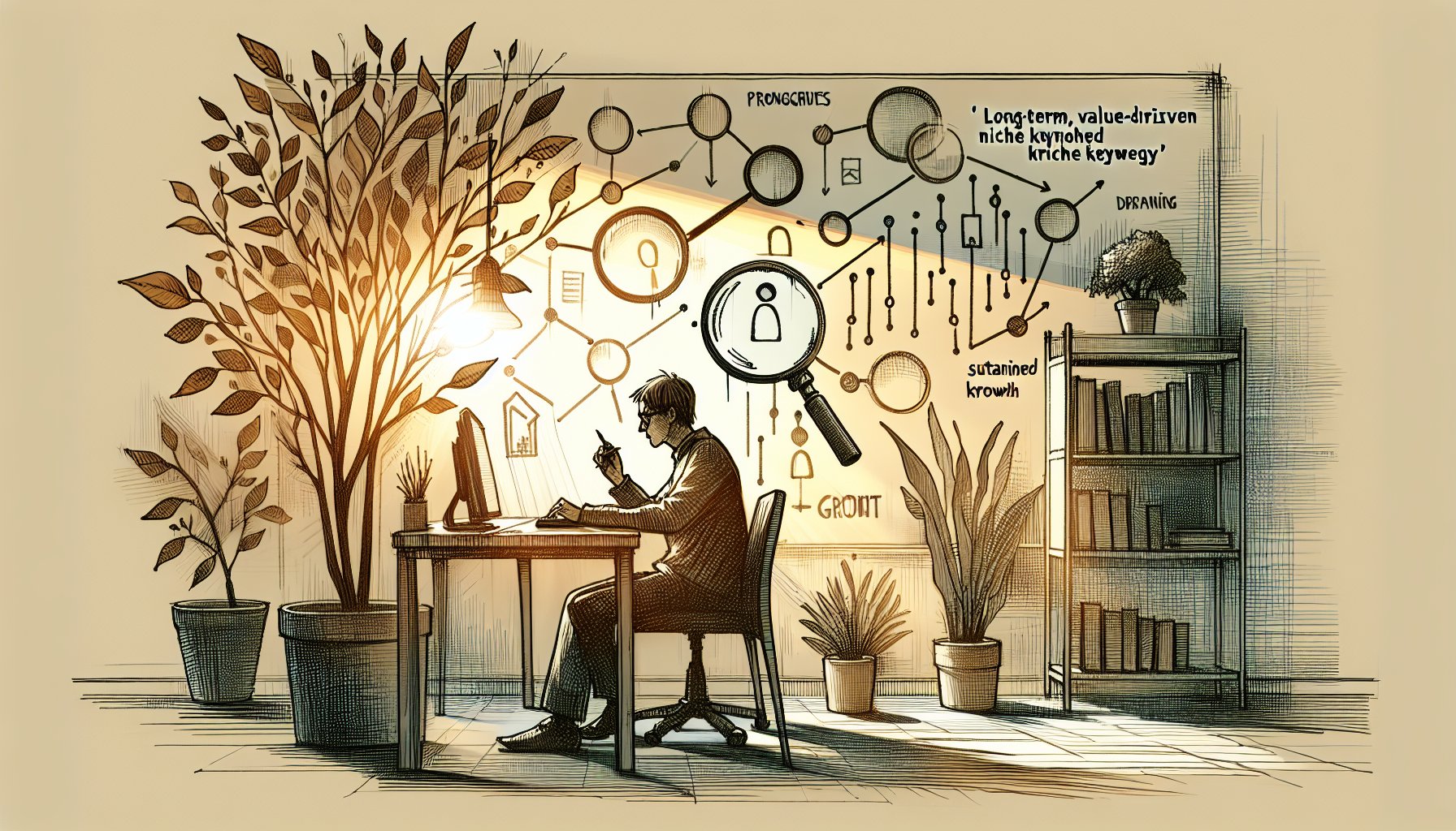 穏やかな作業机と成長する植物アイコンで描く、ニッチキーワード 攻め方の長期戦略