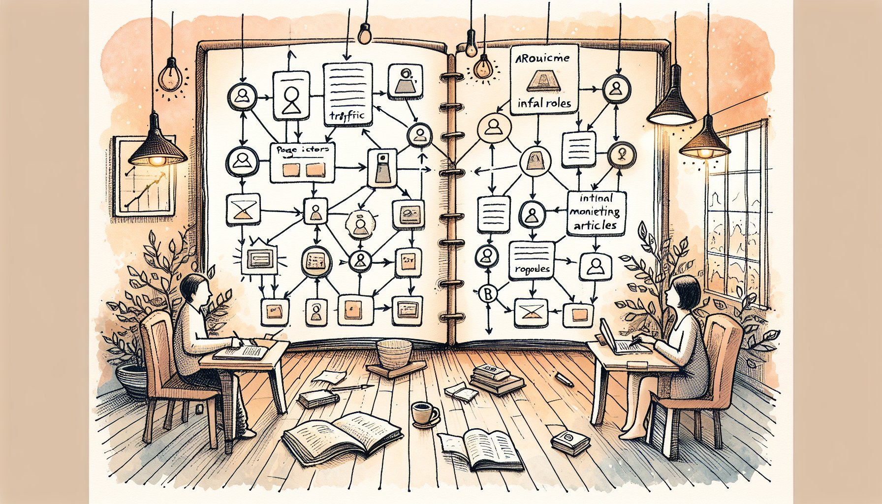 WordPress 収益化 記事構成を俯瞰し、集客記事から収益記事へ流れを設計する様子