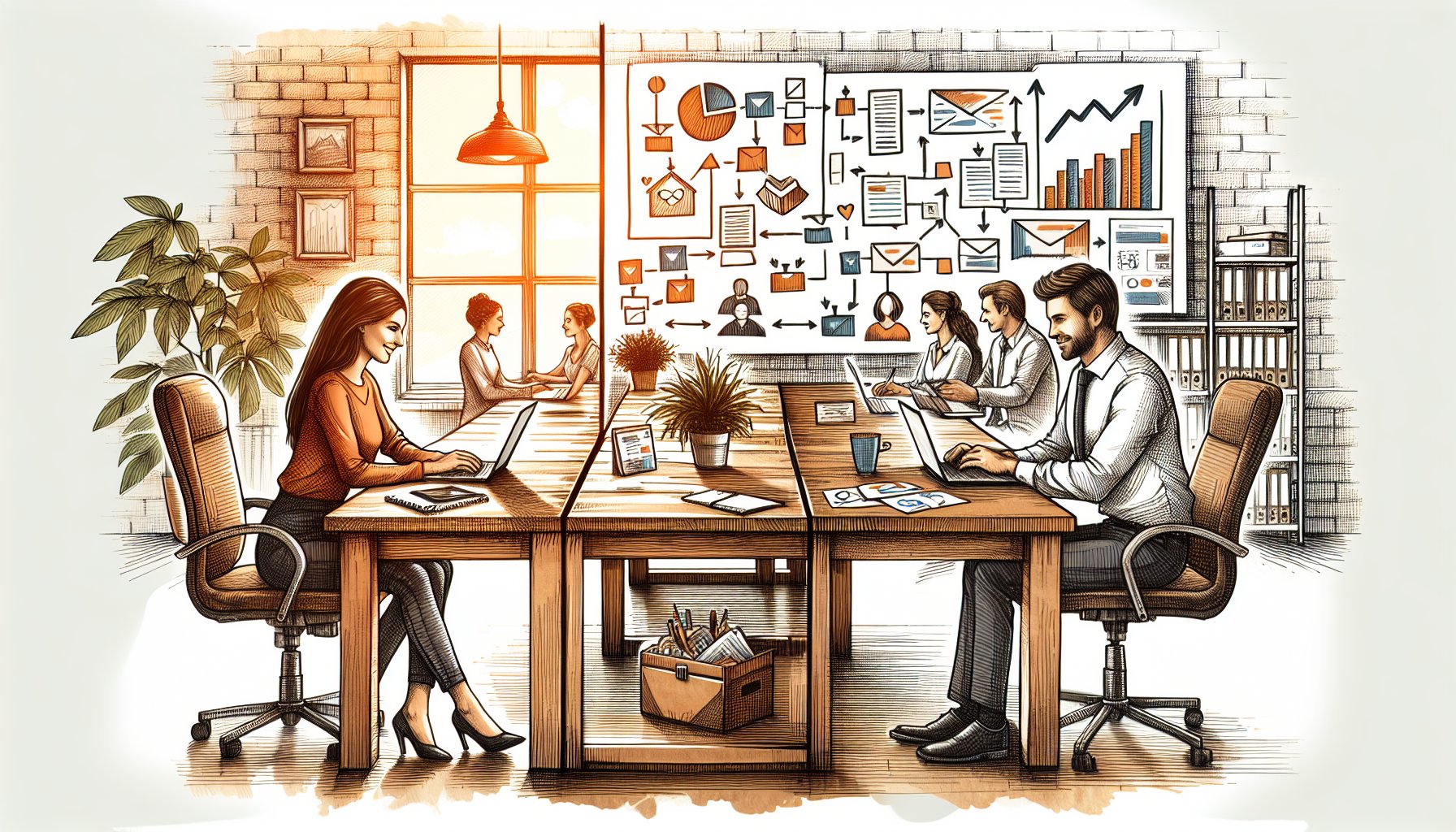 ChatGPT Plus 有料版 メリットを象徴するオフィス、個人利用とビジネス利用の対比構図