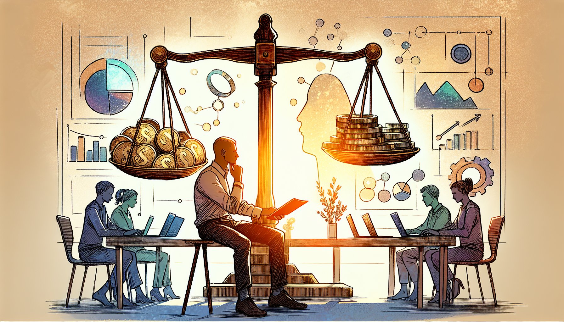 ChatGPT Plus 有料版 メリットを天秤で比較するビジネスワークスペースのイラスト