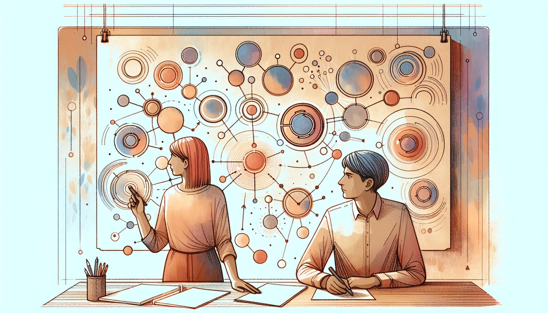 AI時代の検索エンジン理解とキーワード カニバリ 対策、トピッククラスター設計を象徴するイラスト