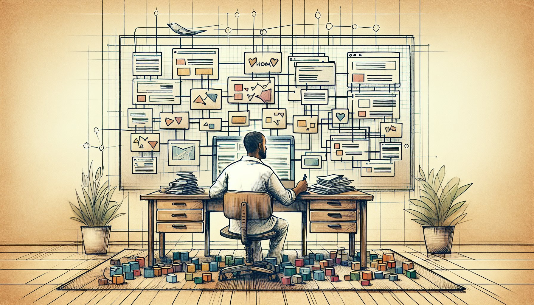 キーワード カニバリ 対策を象徴するワークスペース、カードでSEOコンテンツ構造を整理