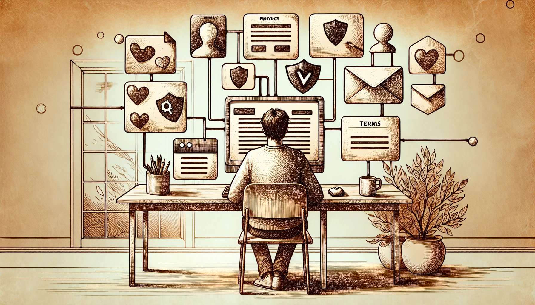 WP アドセンス 審査 通り方を意識した、落ち着いた作業机と整理されたサイト構成アイコン