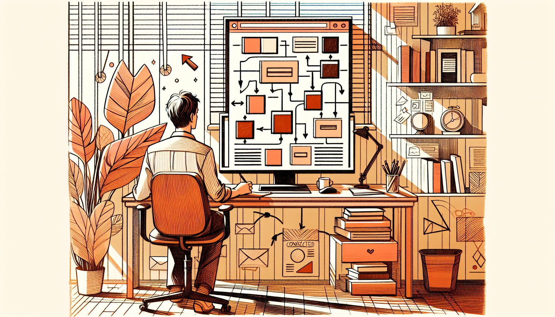 WordPress 物販 記事 書き方を意識したデスクでの内部リンク構造設計のイラスト