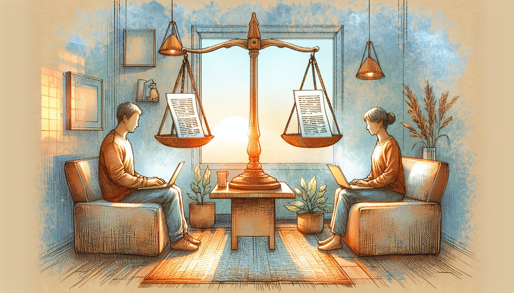 落ち着いたワークスペースで二人がClaude vs ChatGPT ライティング どっちを比較検討