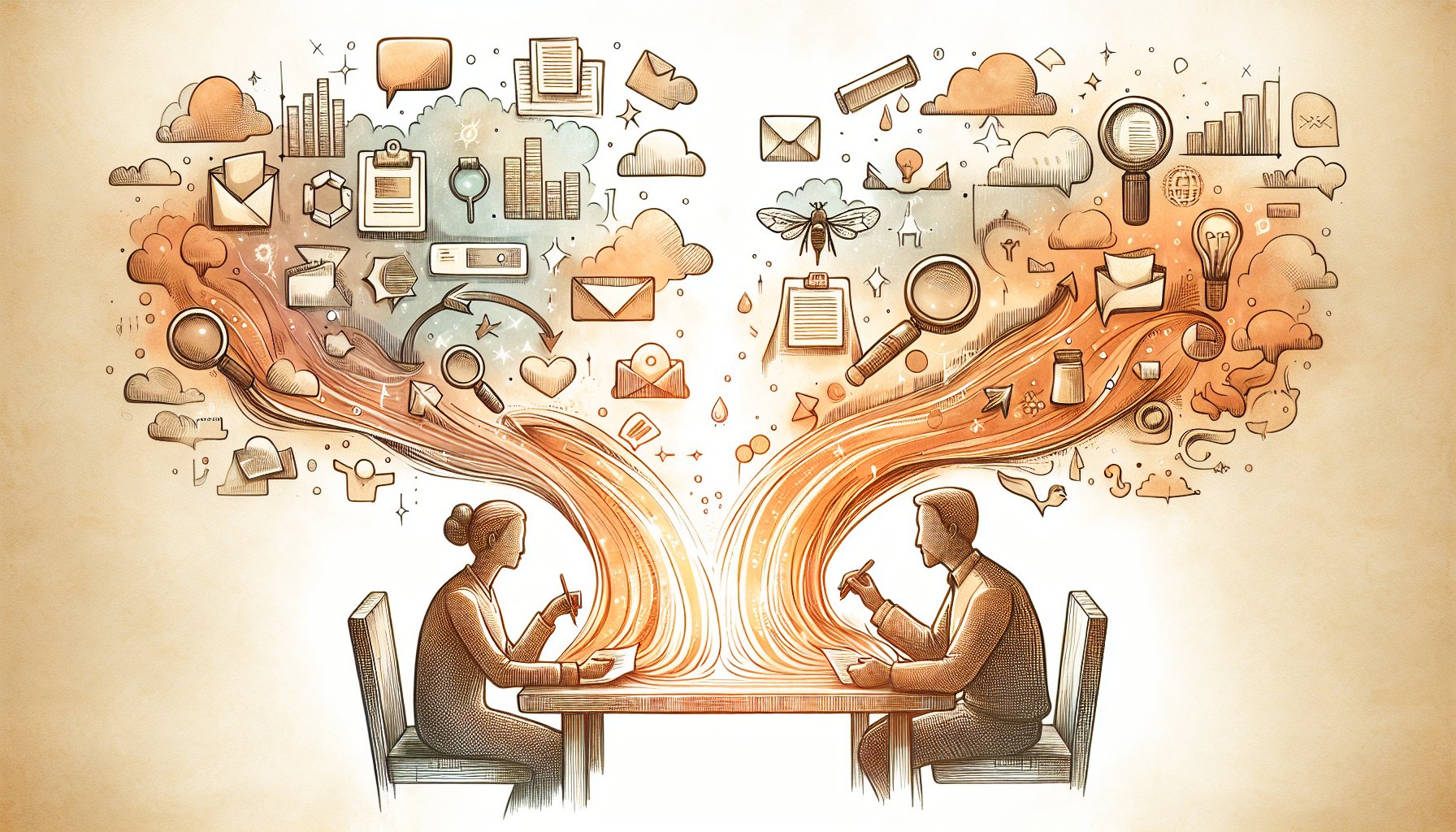 一次情報とサジェストキーワード 抽出を比較しバランスを取る様子を描いたワークスペースイラスト