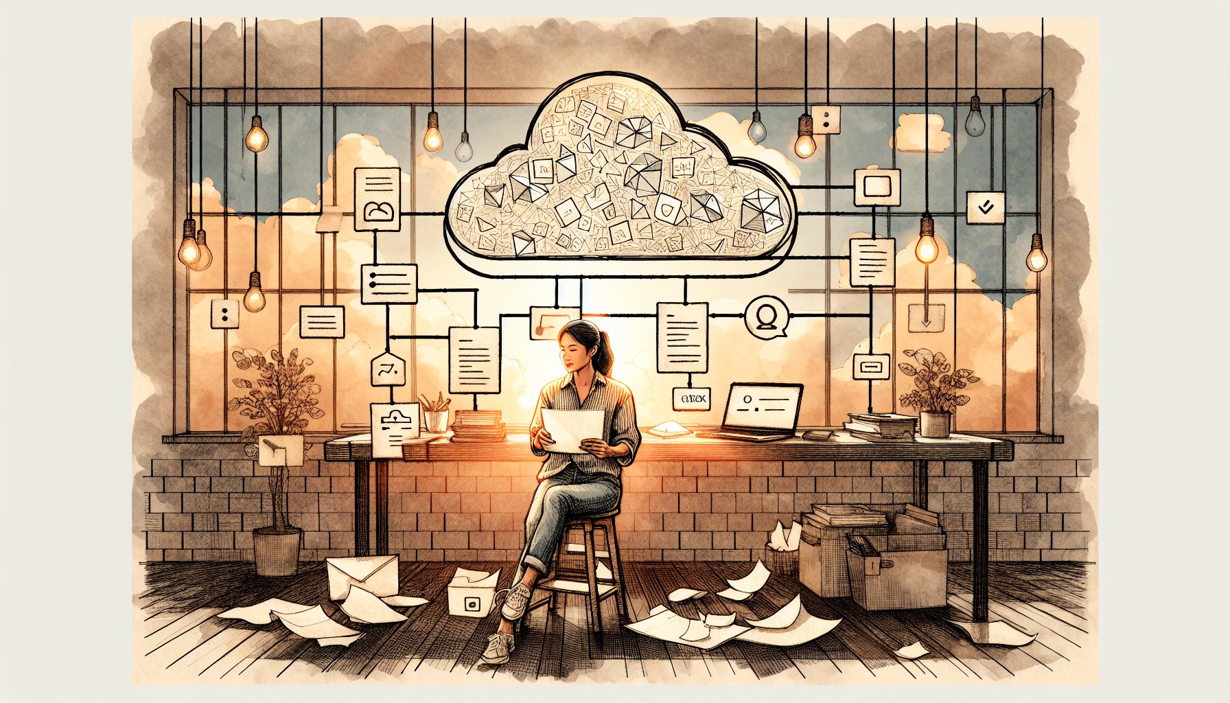 Gemini Pro 1.5 使い方をイメージした、AIと人が協働してコンテンツ制作フローを進める落ち着いた作業空間のイラスト