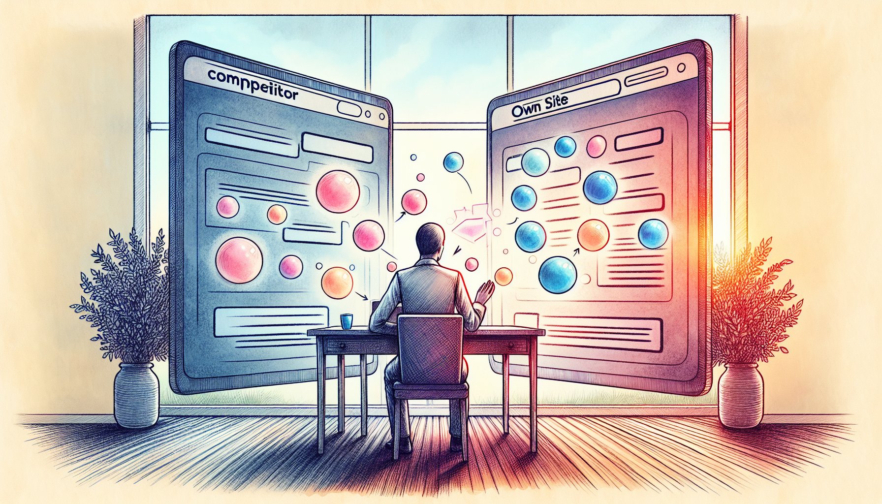 競合サイト キーワード 抜き出しを比較しつつ自社サイトへ活用する穏やかなワークスペースのイラスト