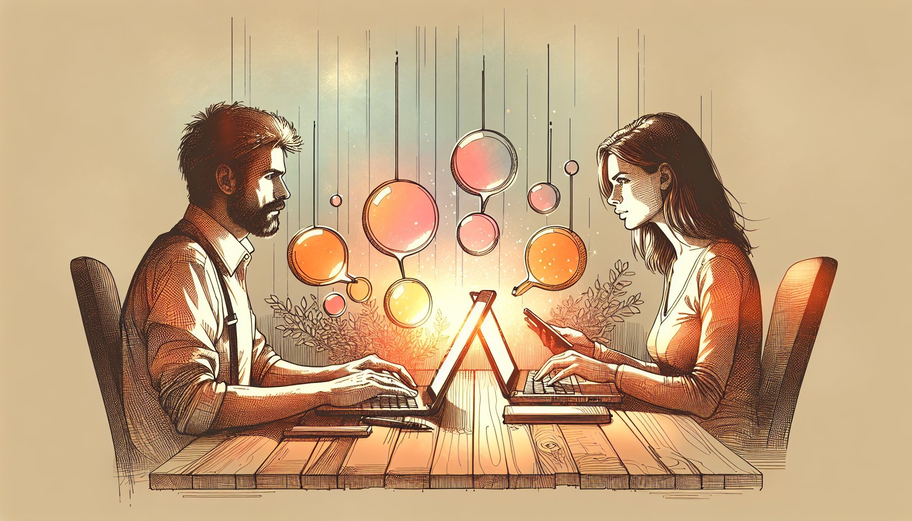 木製デスクで2人がノートPC画面を見比べ、競合サイト キーワード 抜き出しを分析する様子