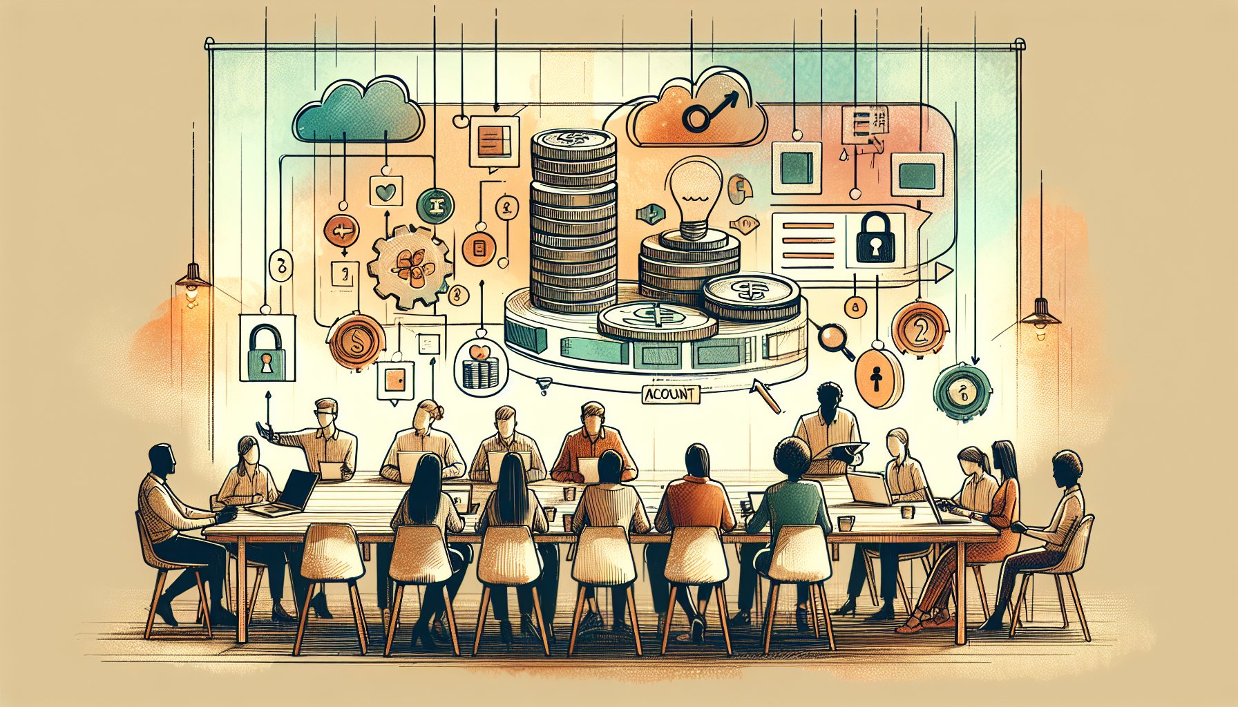 チーム導入会議の様子とAI ツール 料金プラン 比較の要素を象徴的に描いたイラスト