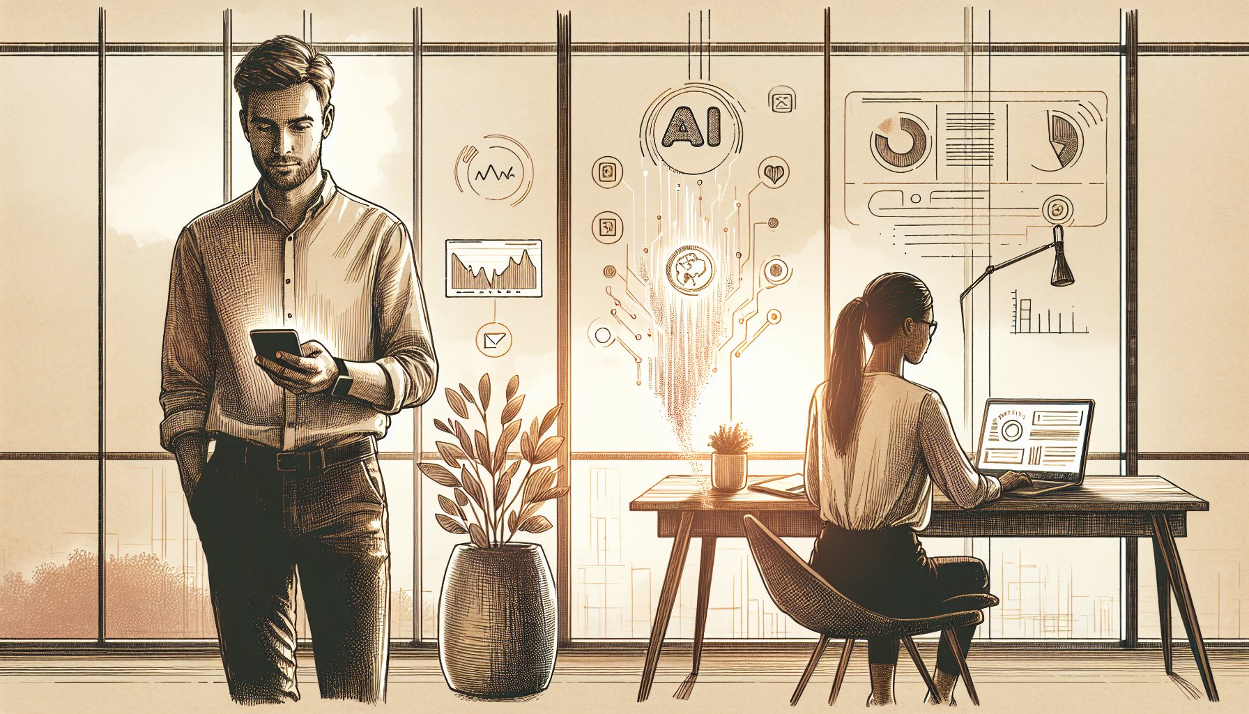 スマホで使える 生成AI アプリで素早く調査し、PCでマーケティング分析を深める仕事風景