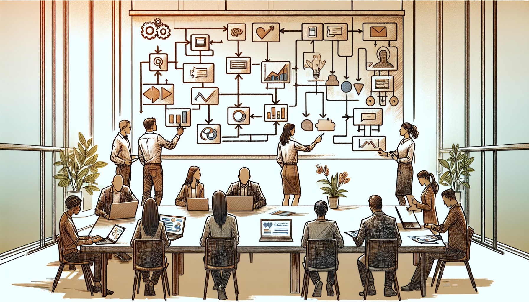 オフィスのホワイトボードで業務フローを整理しChatGPT プラグイン おすすめを検討する場面