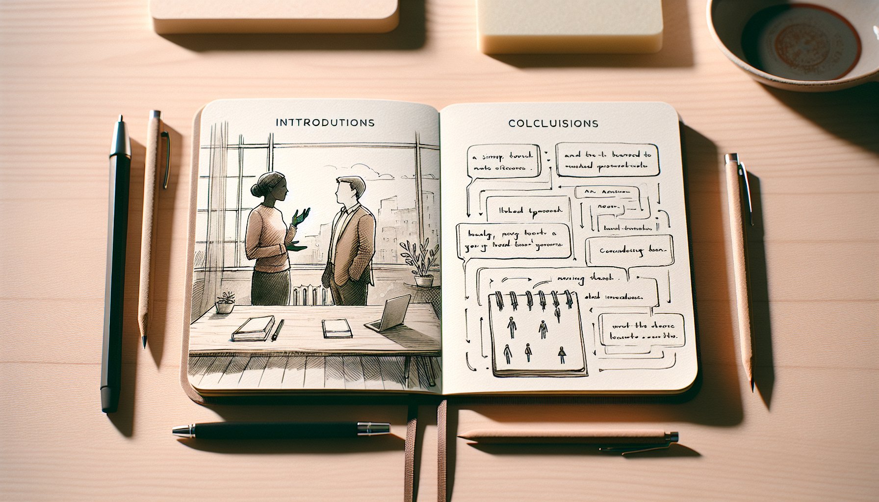 導入文とまとめでのキーワード 入れる場所を示すノートと人物の暖かなイラスト