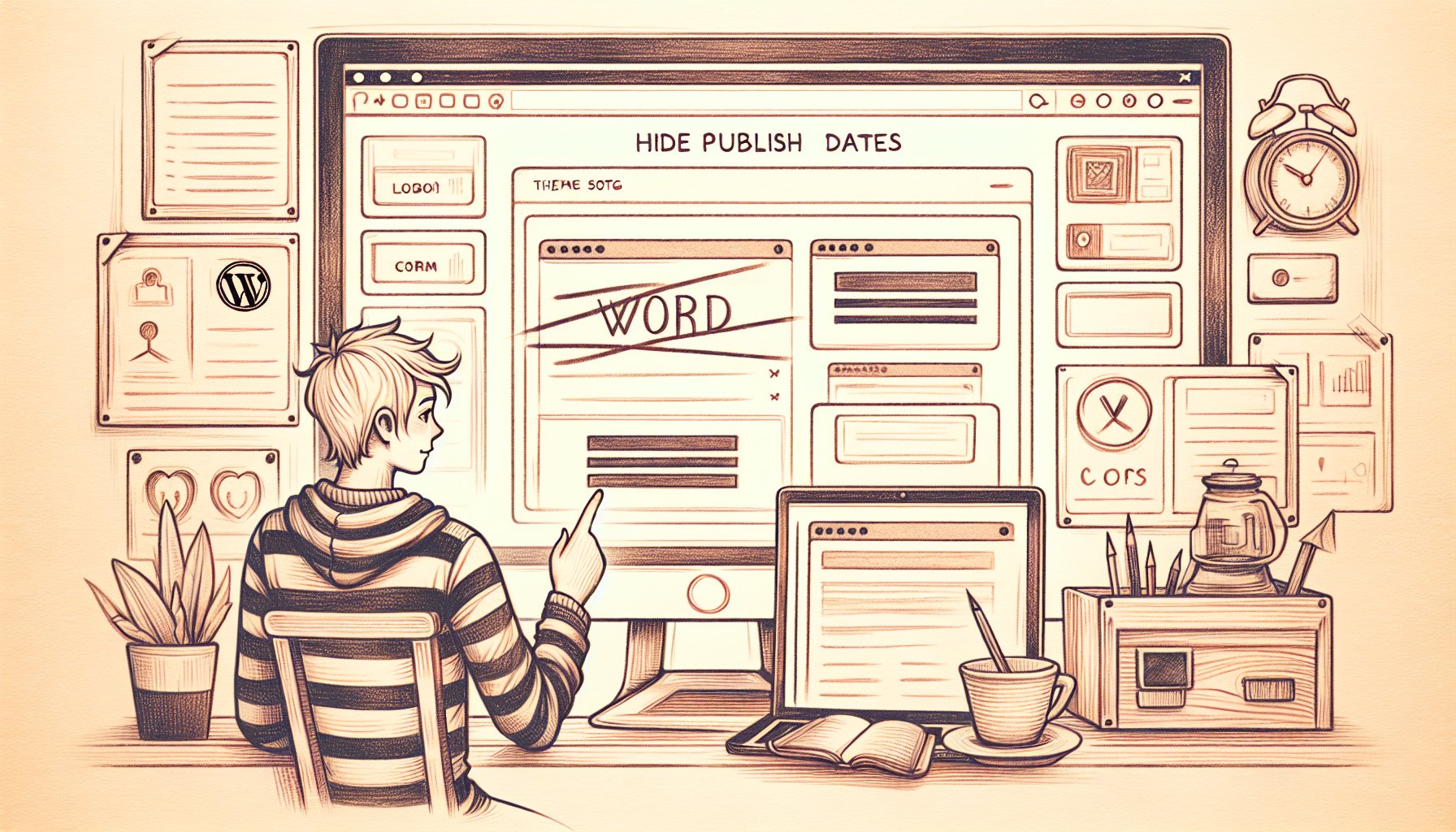 WP 投稿日 表示 しない設定を確認するブロガーとPC画面、日付部分が薄く消えたブログレイアウト