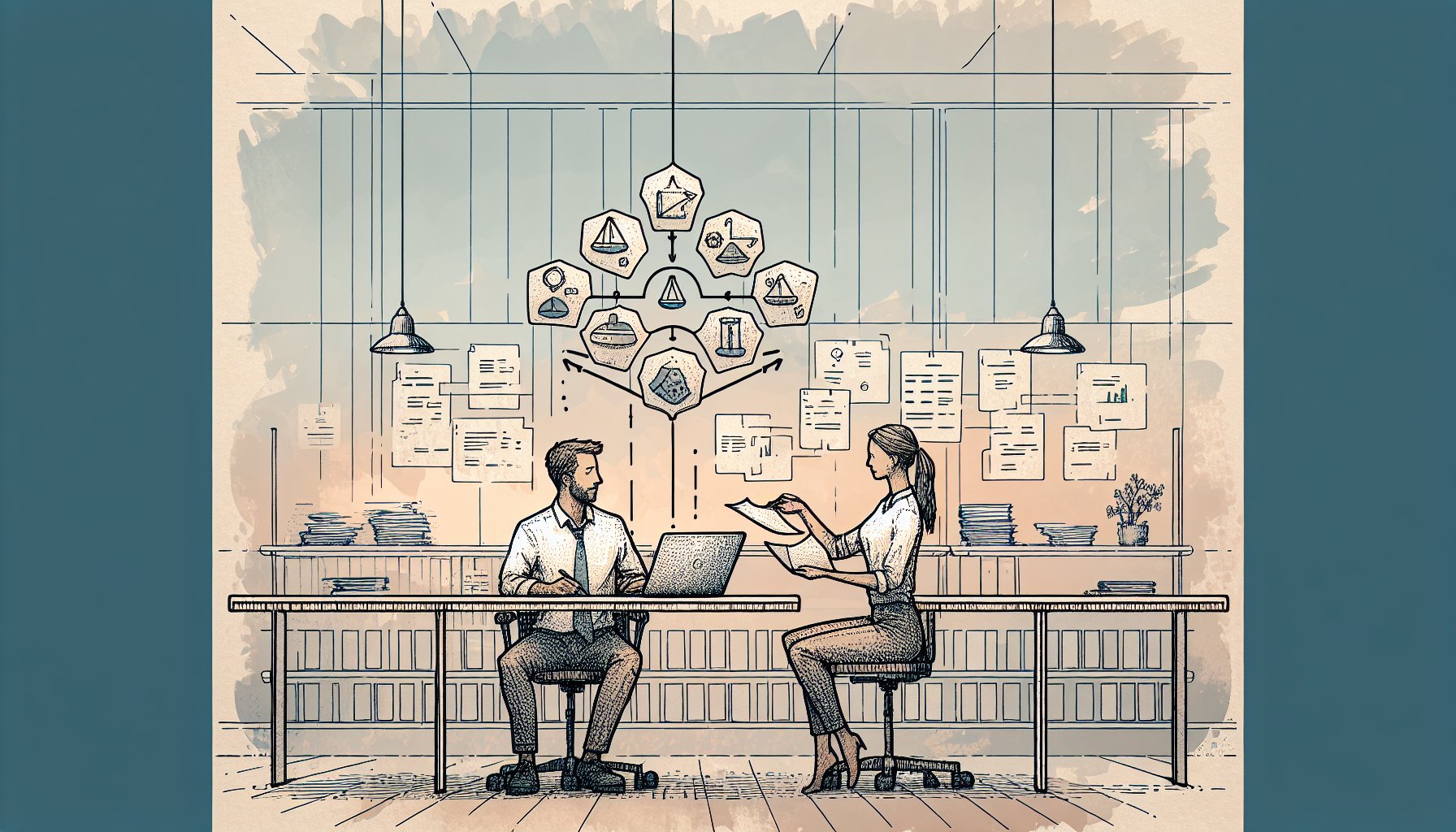 落ち着いたオフィスでGPTs 作り方 活用術を検討し、人が成果物を共同で確認する様子