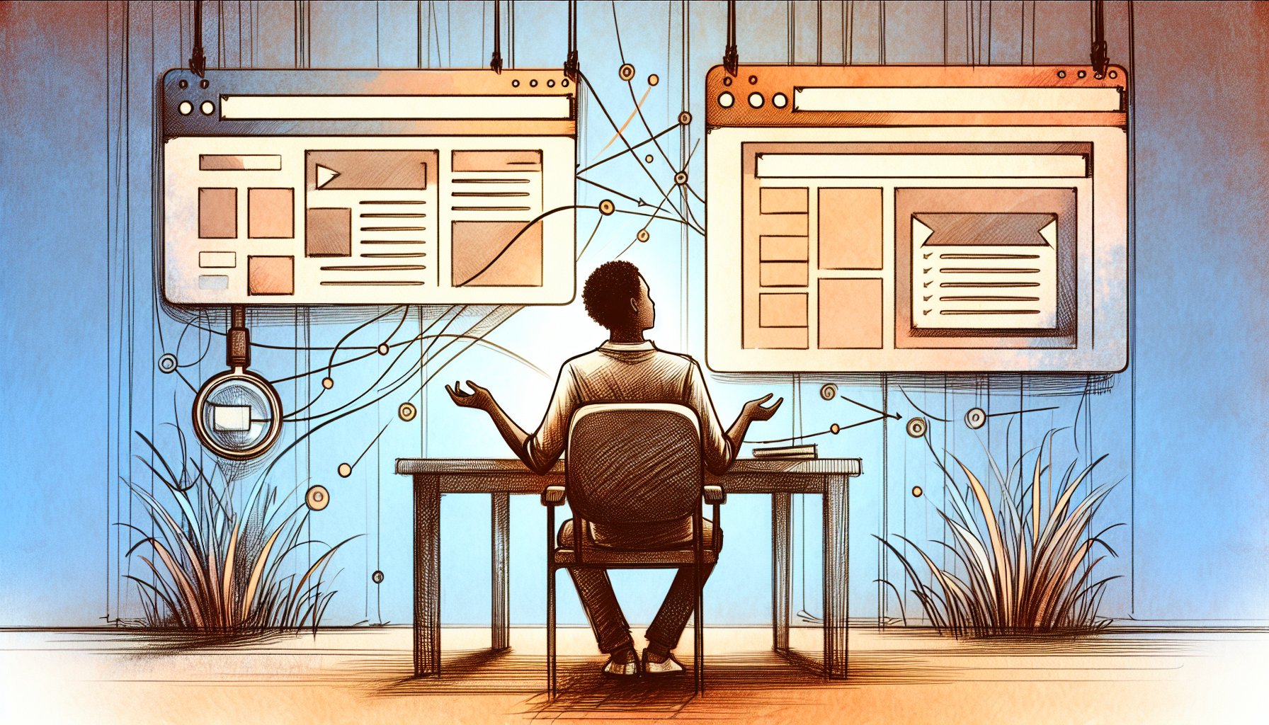 デスクでWordPress設定を確認しながら検索結果の違うタイトルを比較する様子