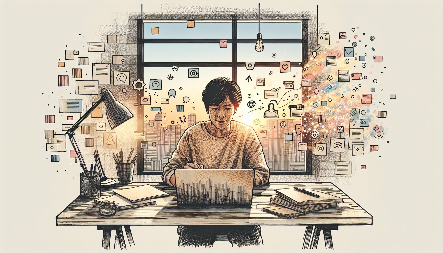 静かなワークスペースで複数キーワード 狙う思考を整理するビジネスパーソン