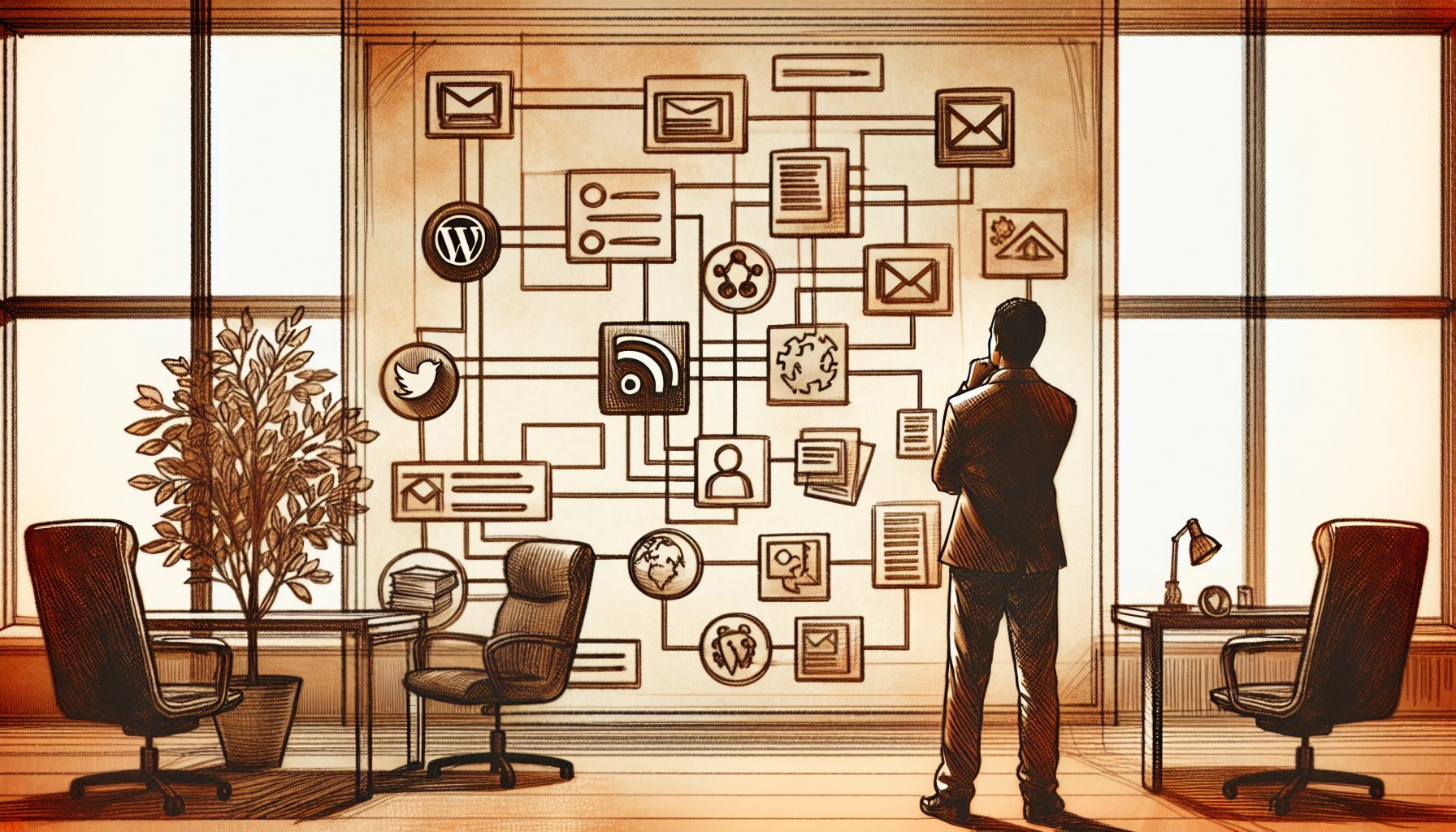 WP RSS フィード 停止を検討する担当者が、情報設計の図を見直す様子