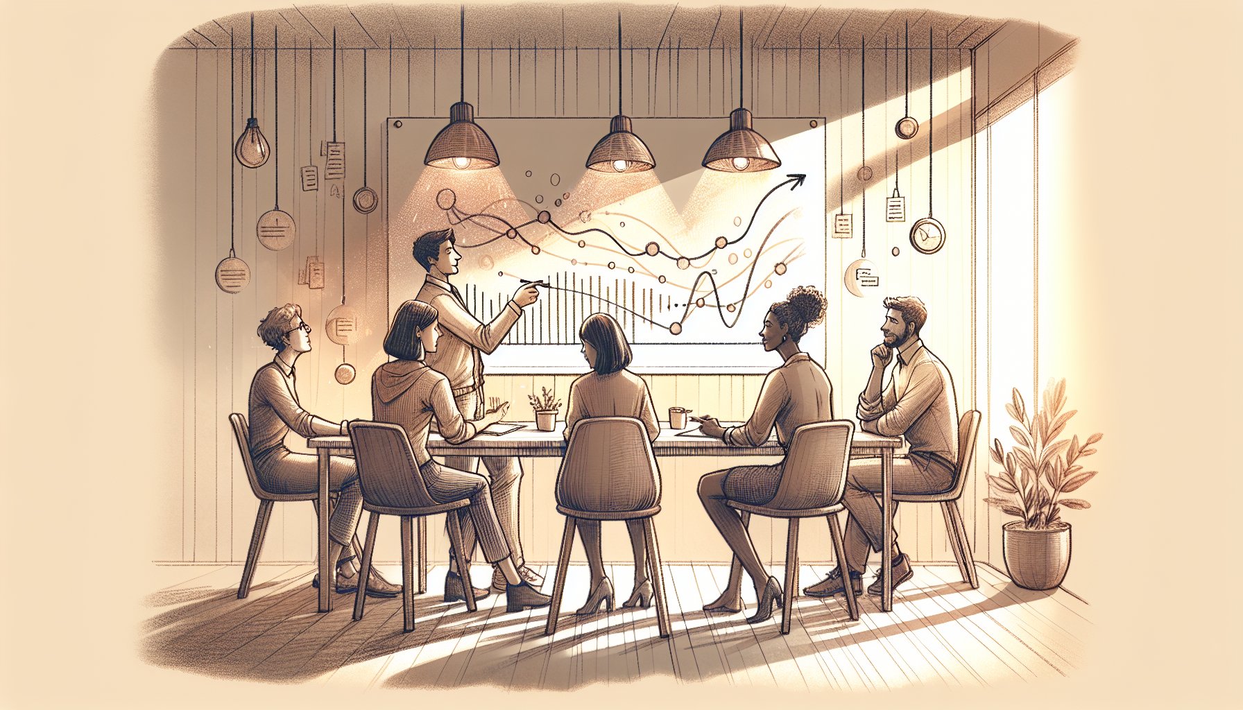 検索順位 チェック ツールの結果をチームと共有し活用方法を話し合う様子