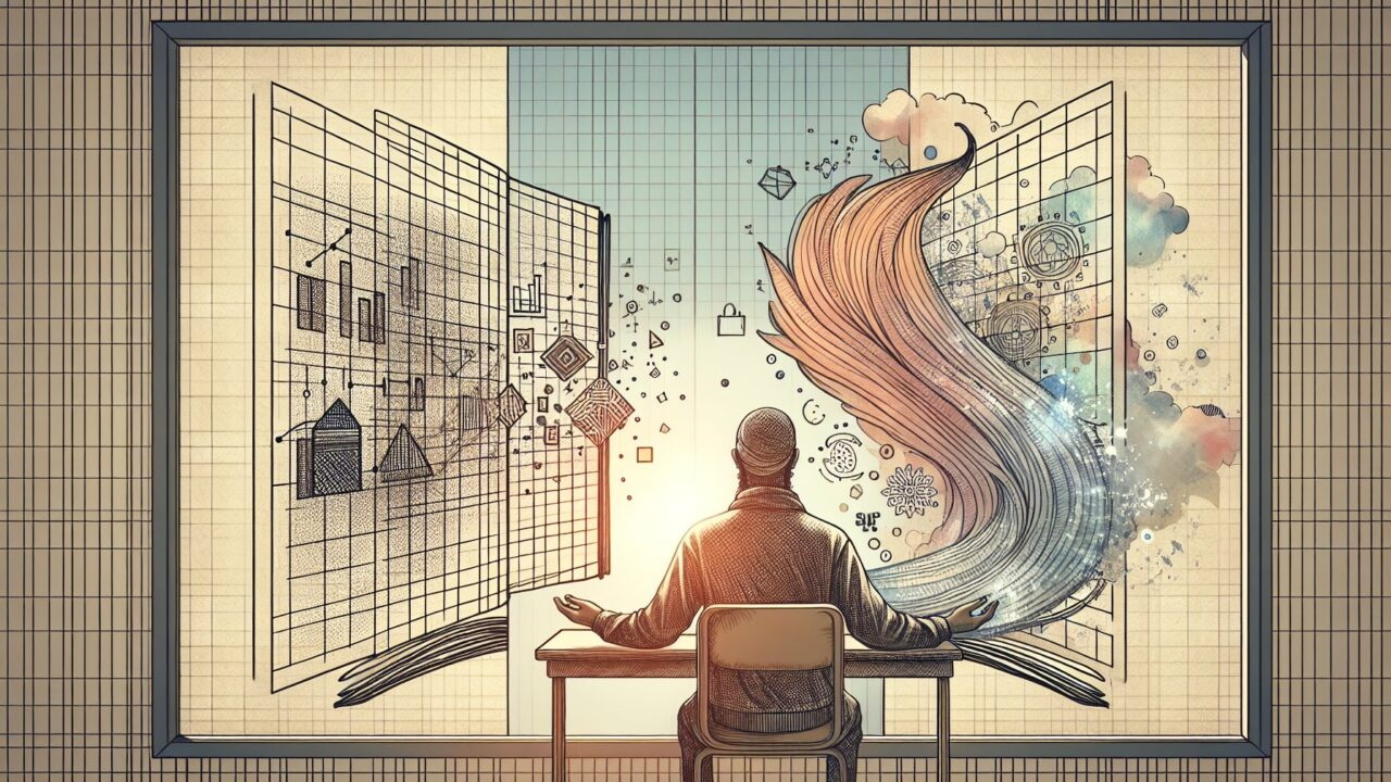 AI コンテンツ 検出器 対策を象徴し、機械的構造と人間的な文体のバランスを考える人物