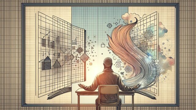 AI コンテンツ 検出器 対策を象徴し、機械的構造と人間的な文体のバランスを考える人物