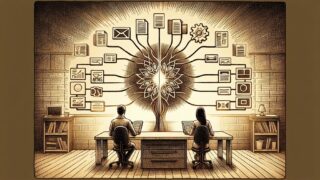 汎用型と特化型のAI ライター 比較を示すワークスペースの手描きイラスト