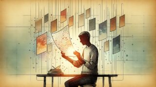 検索意図とAIテキストの限界を示すワークスペース、AI 生成 独自性 出し方の象徴