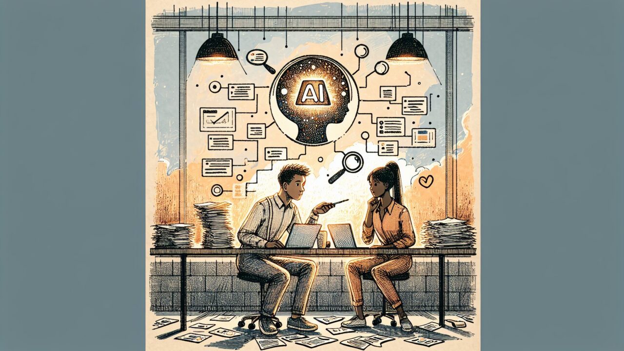 落ち着いたオフィスで資料とノートPCを確認する2人の大人, AI ファクトチェック やり方とビジネスリスク整理