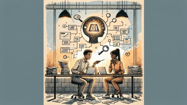 落ち着いたオフィスで資料とノートPCを確認する2人の大人, AI ファクトチェック やり方とビジネスリスク整理