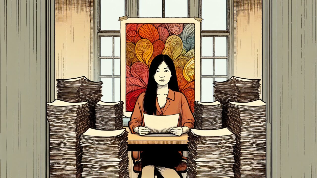 大量の同質な原稿に囲まれた執筆者と一枚の独自記事、AI 記事 量産 リスクを象徴する構図